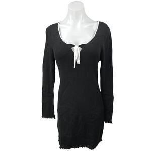 Miss Selfridge Black Ribbed Knit Scoop Long Sleeve Mini Bodycon Sweater Dress 14